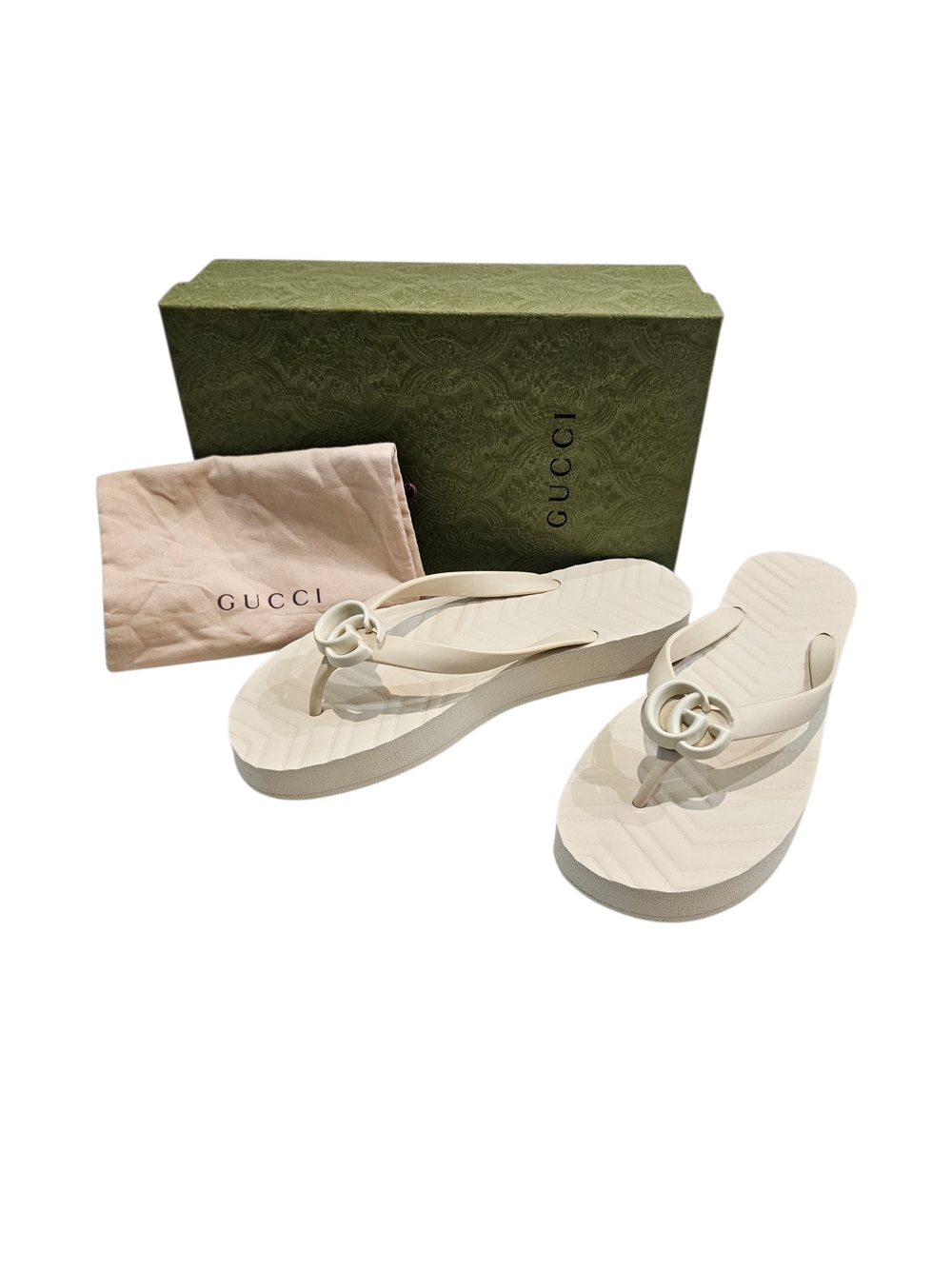 GUCCI GG Marmont Ivory Rubber Quilted Double G Thong Sandal Size 39